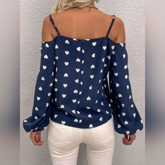 Emery Rose Blue & White Heart Cold Shoulder Blouse (M) - Picture 2 of 11